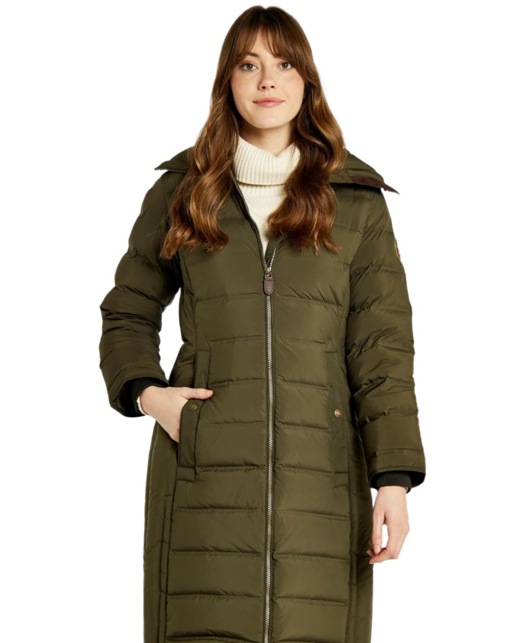 Olive Coloured Dubarry Meyers Long Length Coat On A White Background