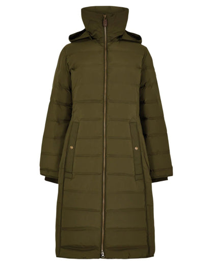 Olive Coloured Dubarry Meyers Long Length Coat On A White Background