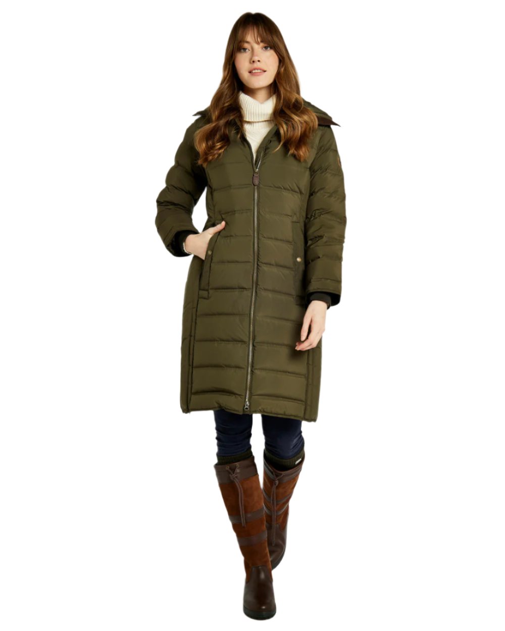 Olive Coloured Dubarry Meyers Long Length Coat On A White Background