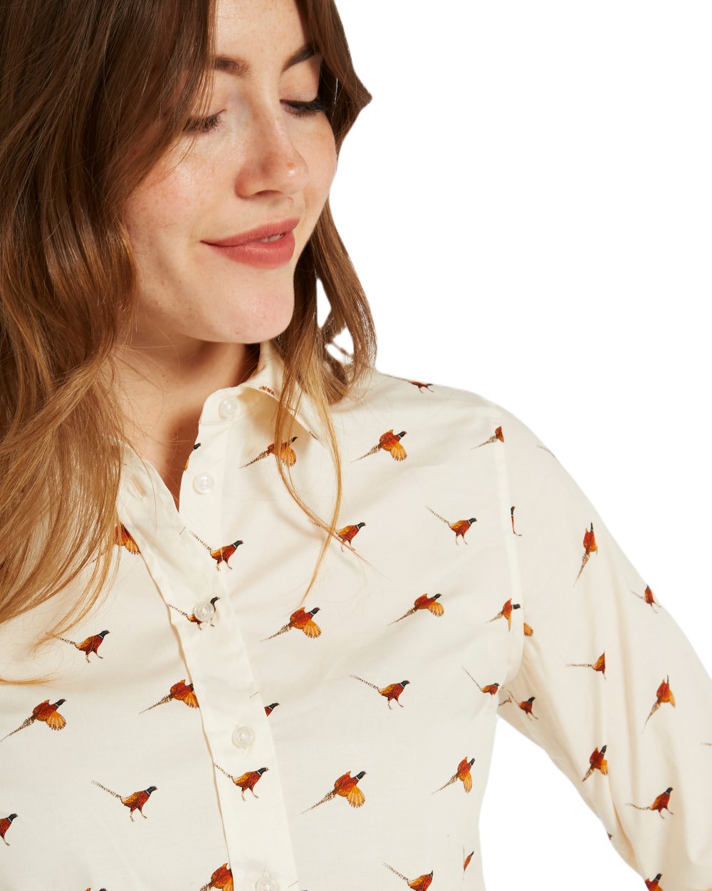 Cream Coloured Dubarry Womens Calamint Pheasant Print Shirt On A White Background