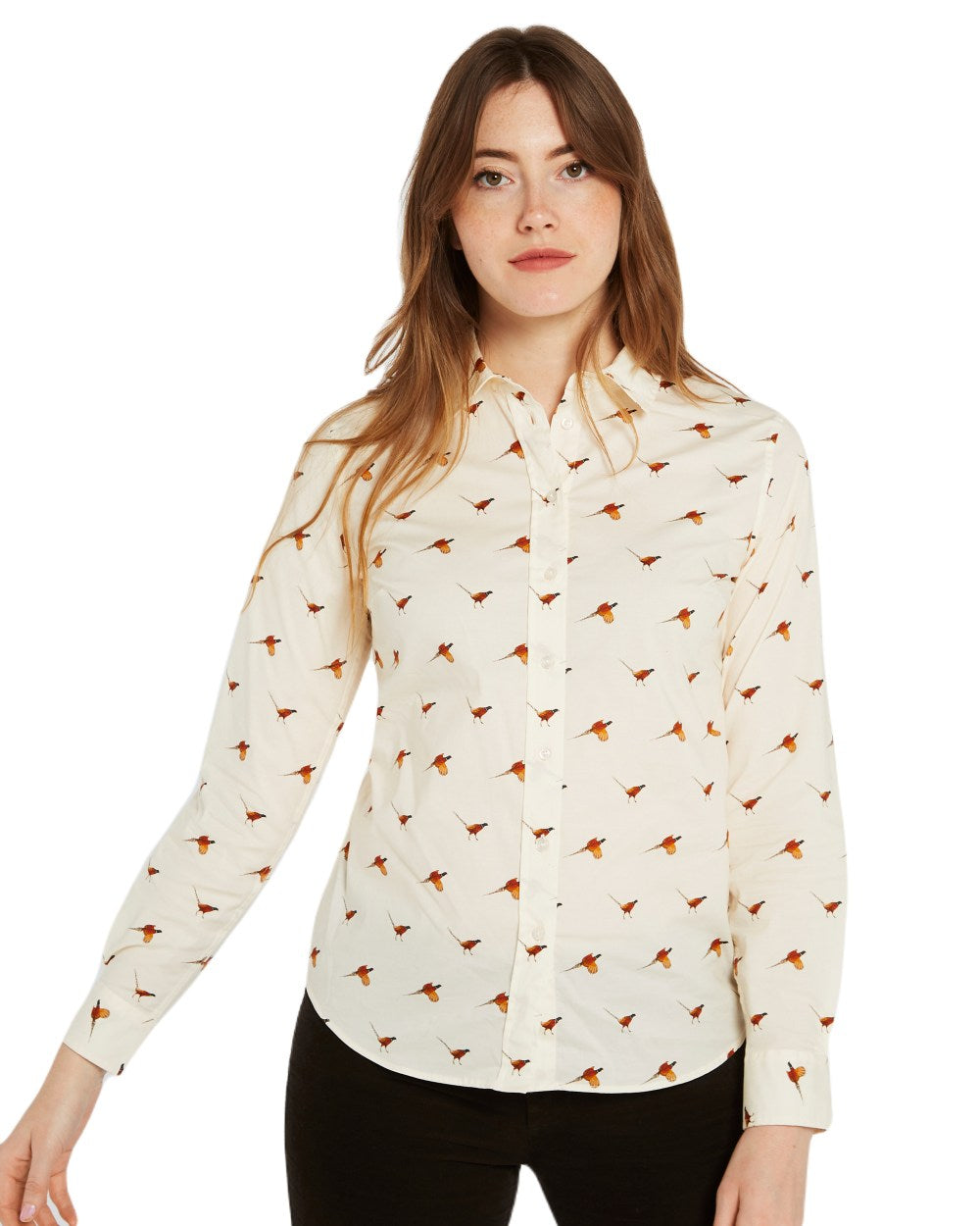 Cream Coloured Dubarry Womens Calamint Pheasant Print Shirt On A White Background