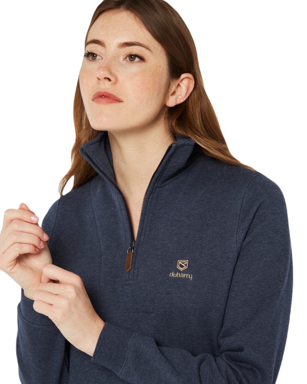 Denim Coloured Dubarry Womens Castlemartyr Quarter Zip Sweatshirt On A White Background 