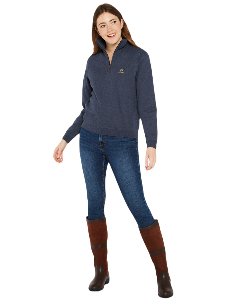 Denim Coloured Dubarry Womens Castlemartyr Quarter Zip Sweatshirt On A White Background 