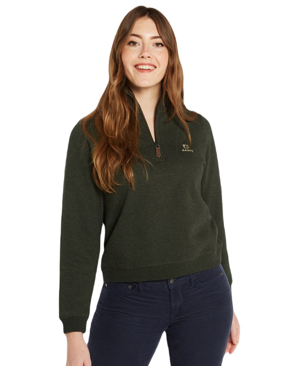 Olive Coloured Dubarry Womens Castlemartyr Quarter Zip Sweatshirt On A White Background 