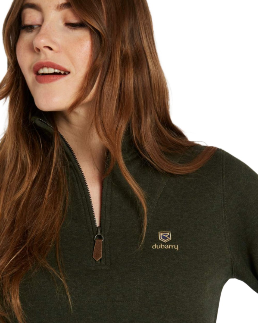 Olive Coloured Dubarry Womens Castlemartyr Quarter Zip Sweatshirt On A White Background 