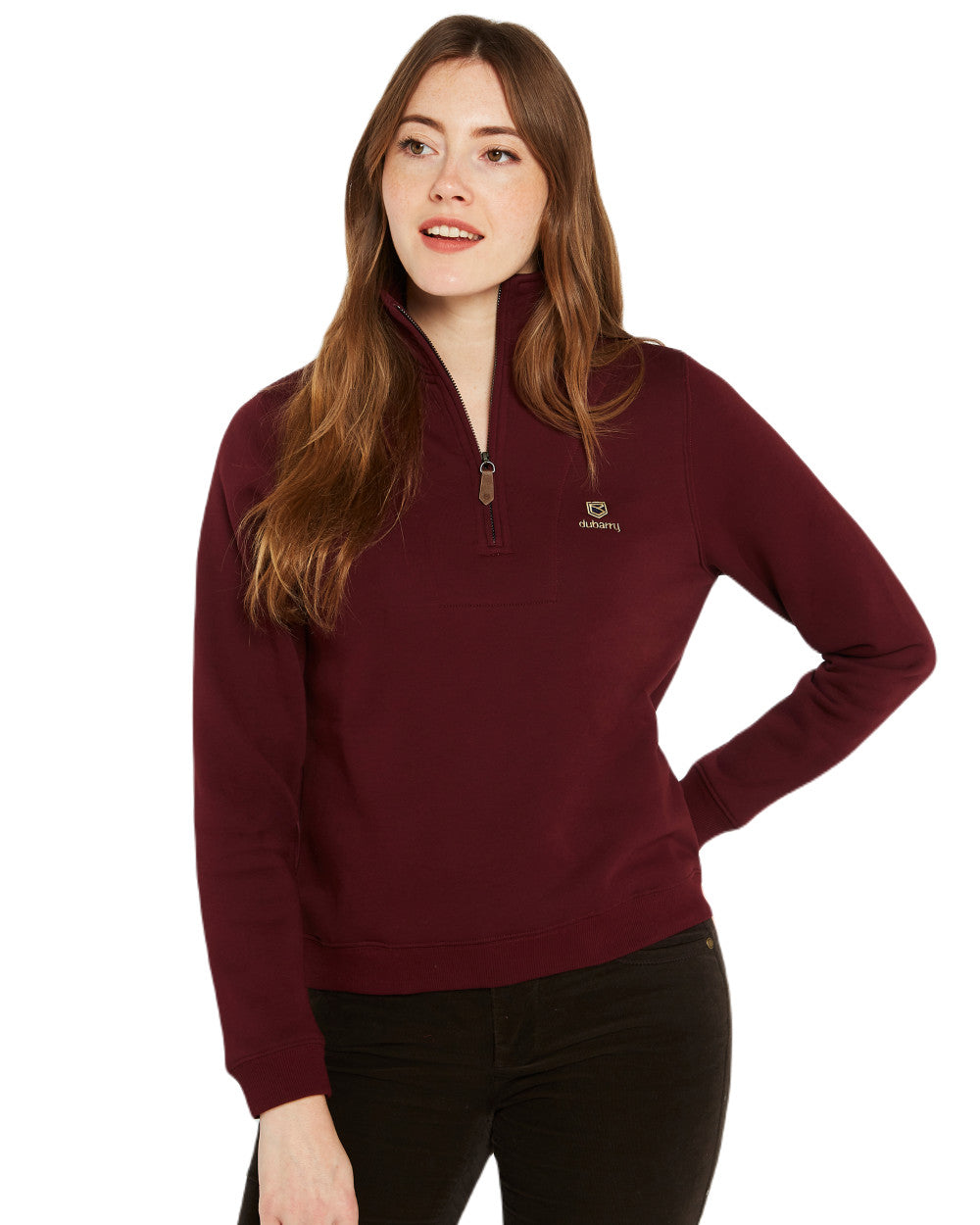 Ox Blood Coloured Dubarry Womens Castlemartyr Quarter Zip Sweatshirt On A White Background 