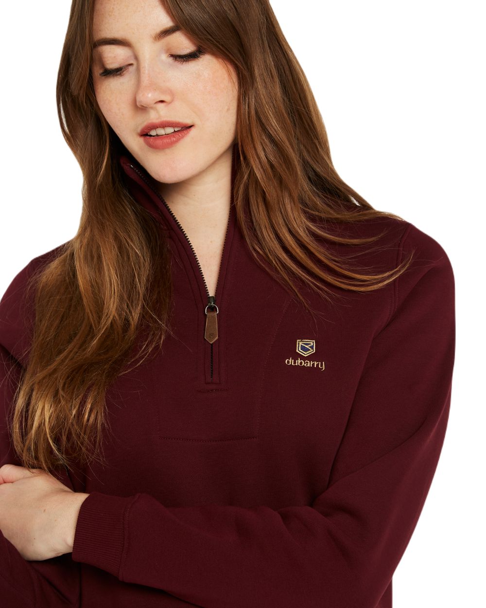 Ox Blood Coloured Dubarry Womens Castlemartyr Quarter Zip Sweatshirt On A White Background 