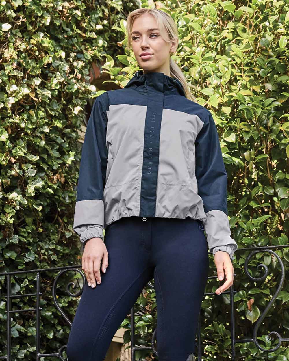 Gull/Navy Academy coloured Dublin Crissy Womens Colourblock Waterproof Jacket on Bush background