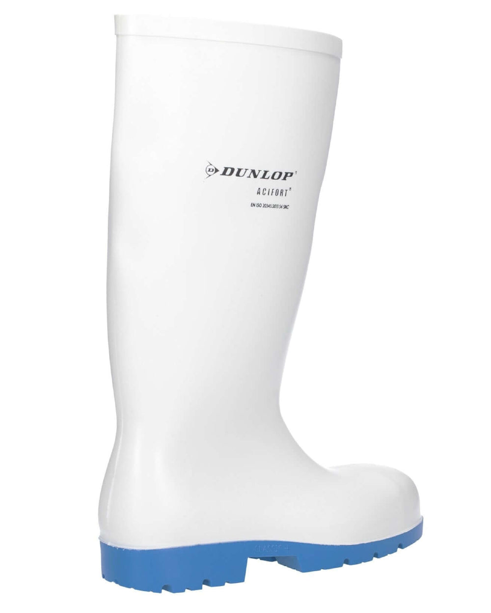White coloured Dunlop Acifort Classic+ Waterproof Safety Wellingtons on white background 