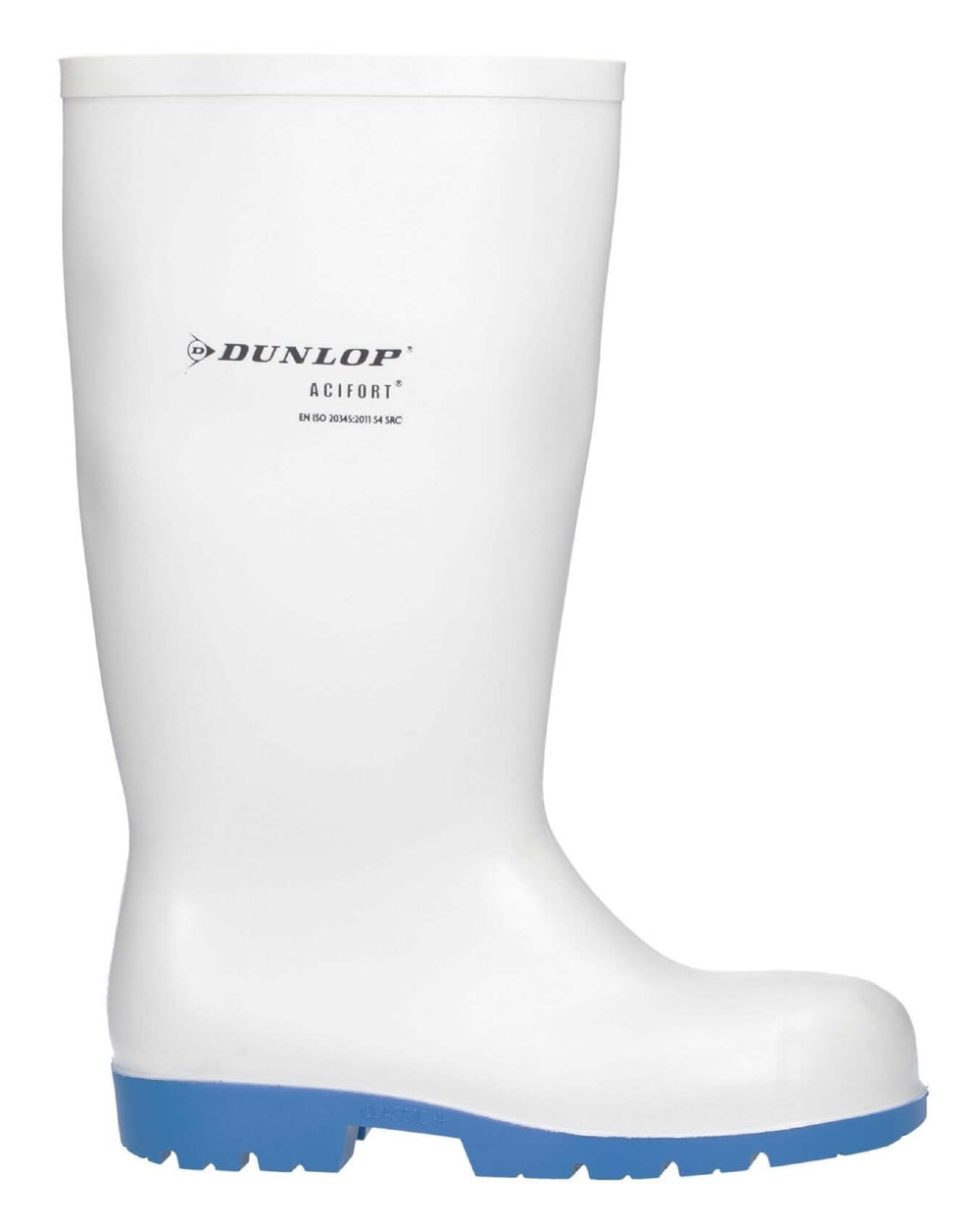 White coloured Dunlop Acifort Classic+ Waterproof Safety Wellingtons on white background 