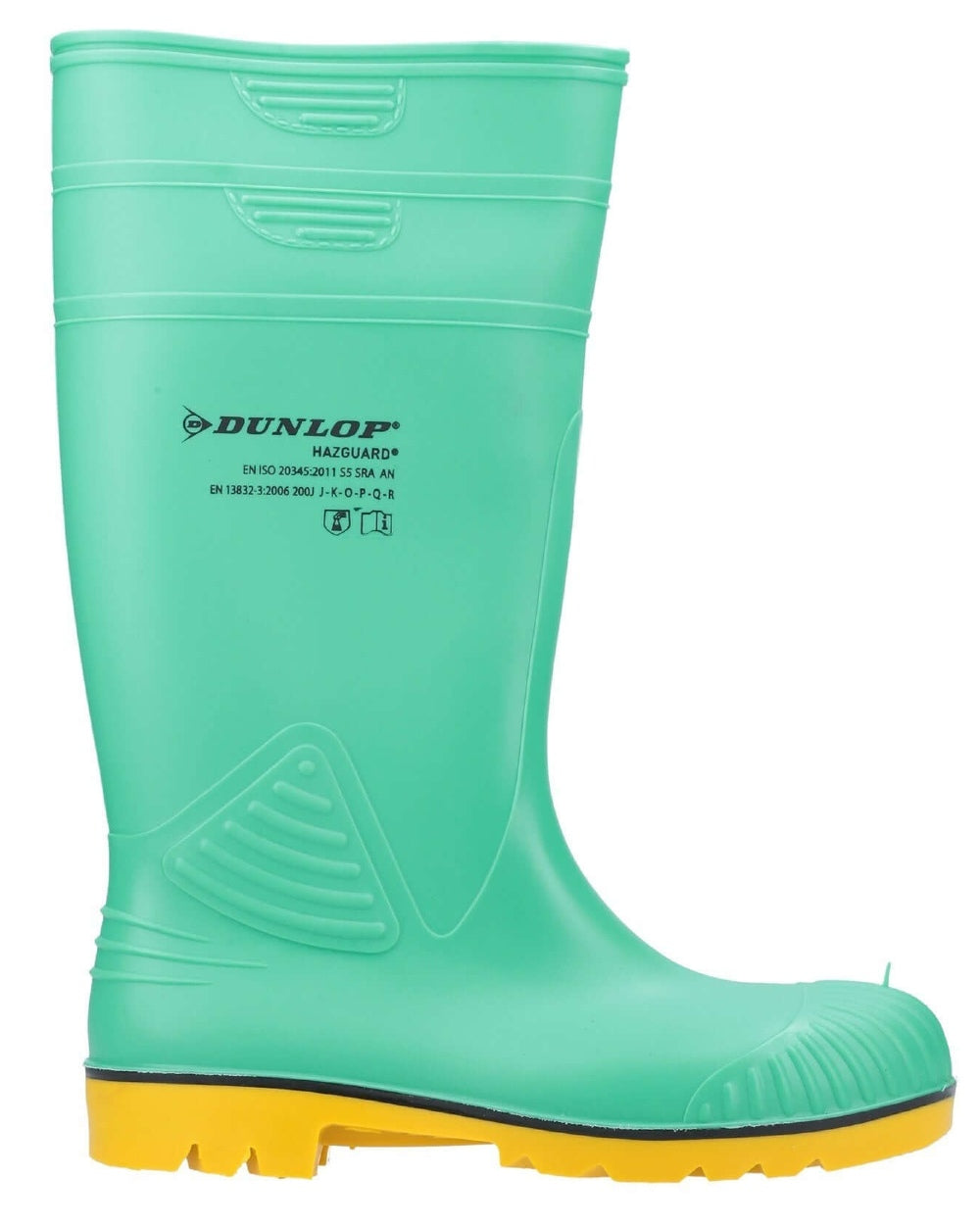 Green/Black/Yellow coloured Dunlop Acifort HazGuard Safety Wellingtons on white background 