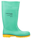 Green/Black/Yellow coloured Dunlop Acifort HazGuard Safety Wellingtons on white background #colour_green-black-yellow