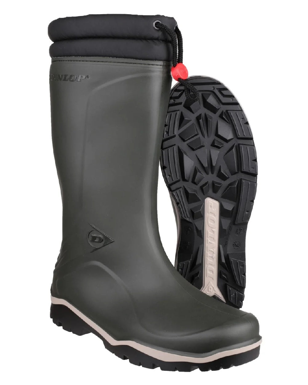 Green coloured Dunlop Blizzard Wellingtons on white background 