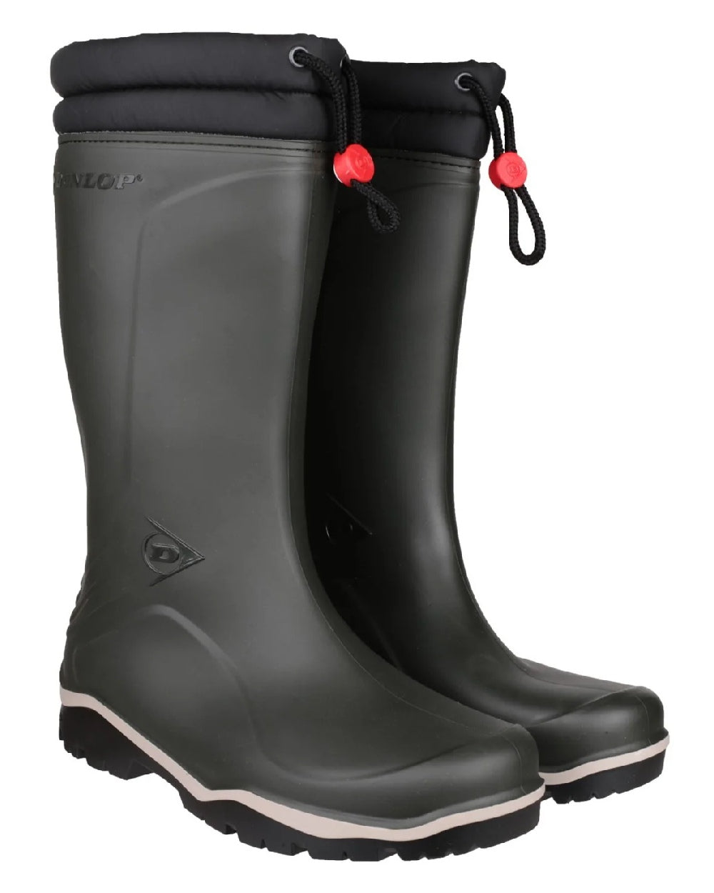 Green coloured Dunlop Blizzard Wellingtons on white background 
