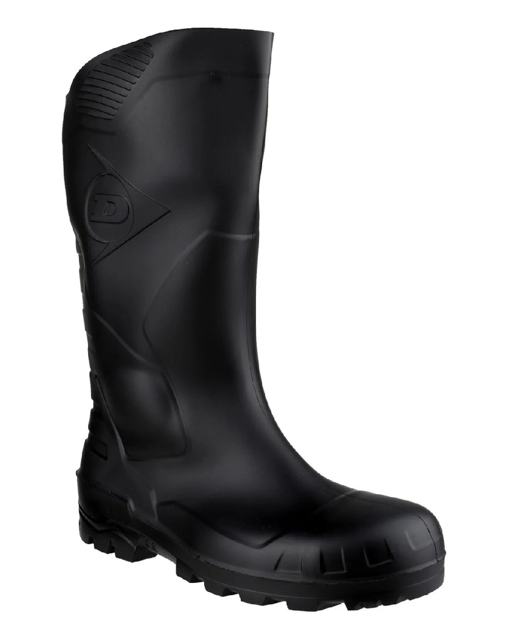 Black coloured Dunlop Devon Full Safety Wellingtons on white background 