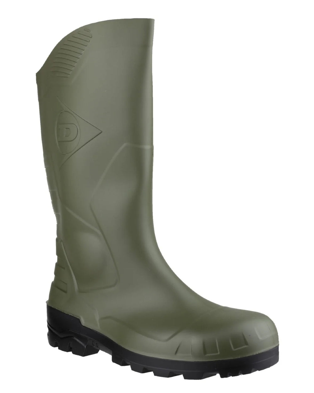 Green coloured Dunlop Devon Full Safety Wellingtons on white background 