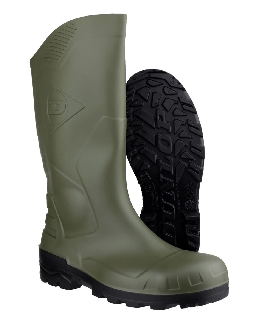 Green coloured Dunlop Devon Full Safety Wellingtons on white background 