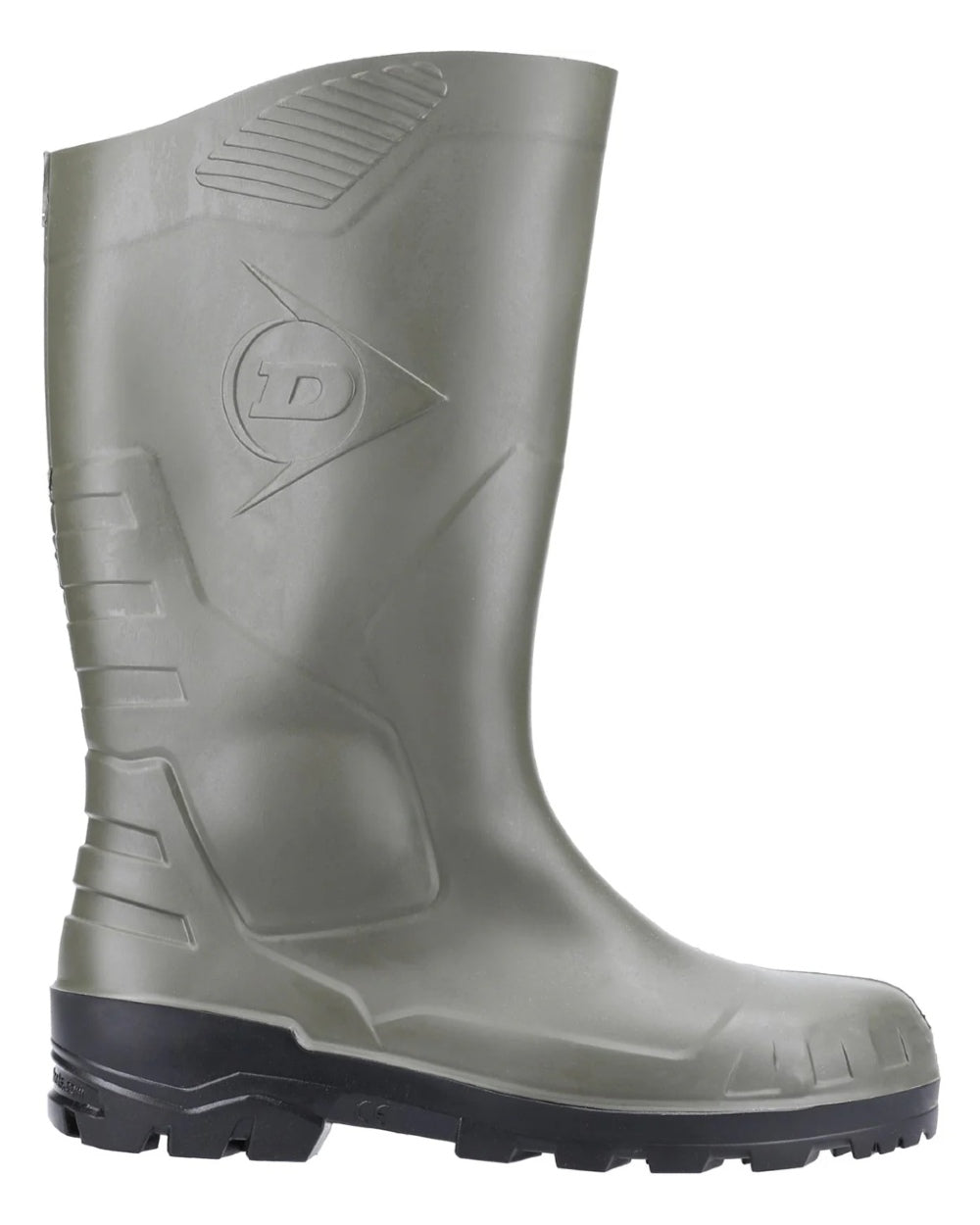 Green coloured Dunlop Devon Full Safety Wellingtons on white background 