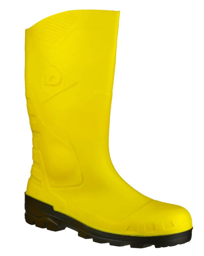 Yellow coloured Dunlop Devon Full Safety Wellingtons on white background 