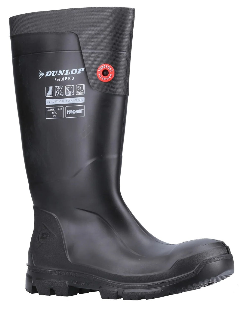 Black coloured Dunlop FieldPro Full Safety Wellingtons on white background 