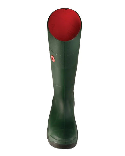 Green coloured Dunlop FieldPro Full Safety Wellingtons on white background 