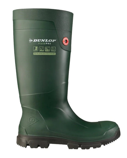 Green coloured Dunlop FieldPro Full Safety Wellingtons on white background 