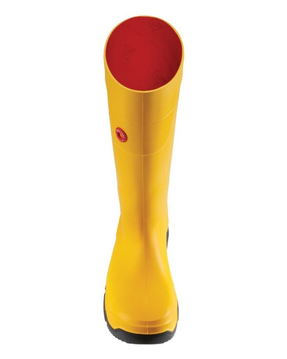 Yellow coloured Dunlop FieldPro Full Safety Wellingtons on white background 