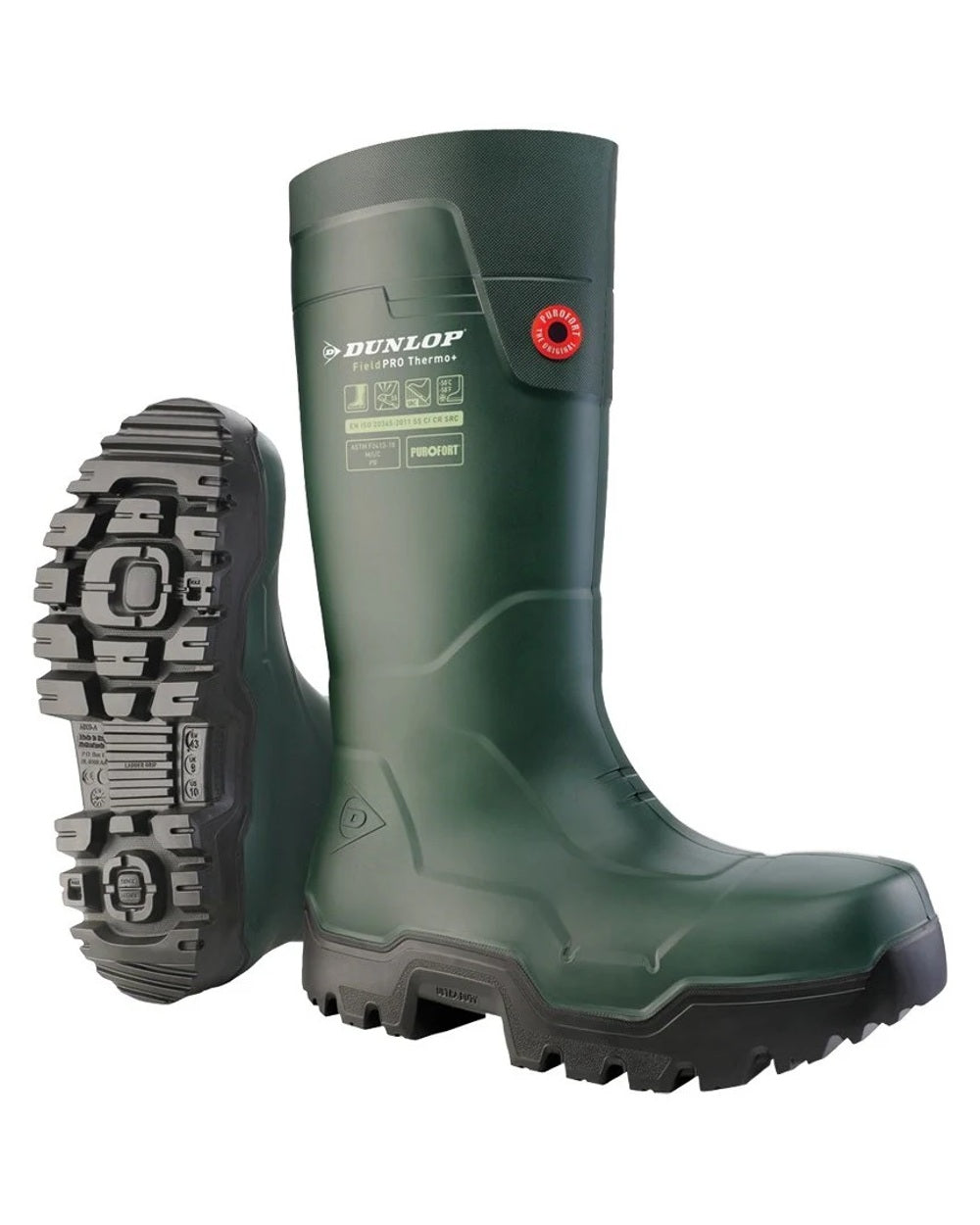 Heritage Green/Black coloured Dunlop FieldPro Thermo Plus Safety Wellingtons on white background 