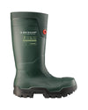 Heritage Green/Black coloured Dunlop FieldPro Thermo Plus Safety Wellingtons on white background #colour_heritage-green-black
