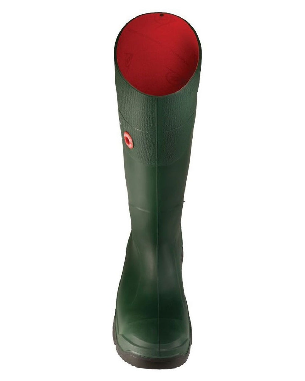 Green coloured Dunlop FieldPro Wellingtons on white background 