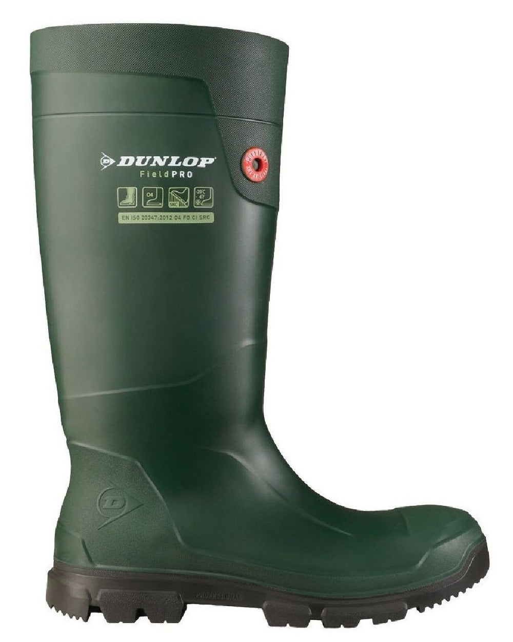 Green coloured Dunlop FieldPro Wellingtons on white background 