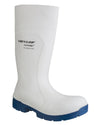 White coloured Dunlop Food Pro Multigrip Safety Wellingtons on white background #colour_white