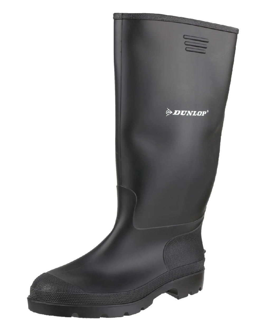 Black coloured Dunlop Pricemastor Wellingtons on white background 