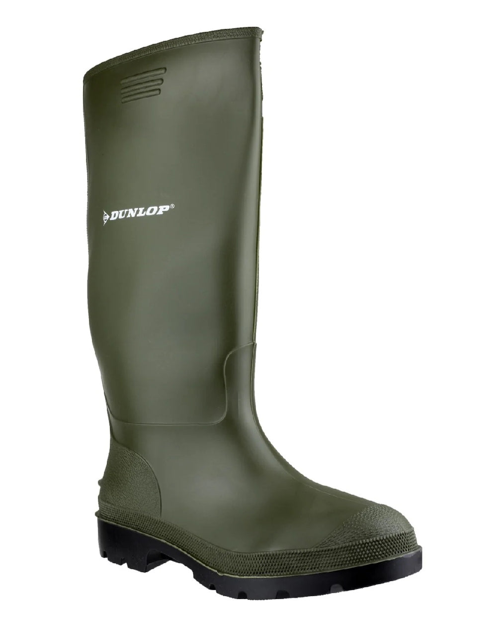 Green coloured Dunlop Pricemastor Wellingtons on white background 