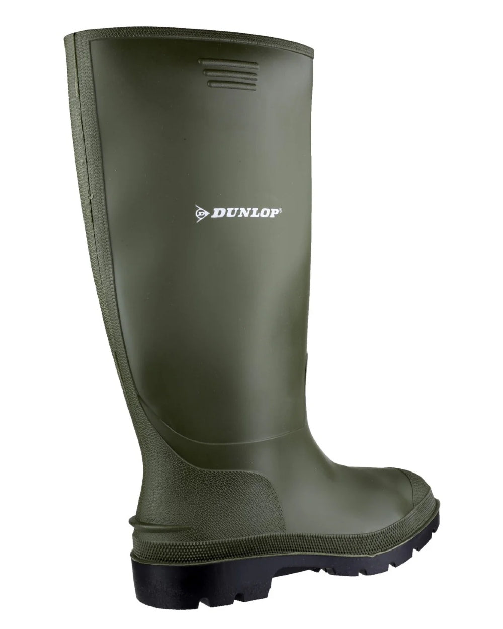 Green coloured Dunlop Pricemastor Wellingtons on white background 