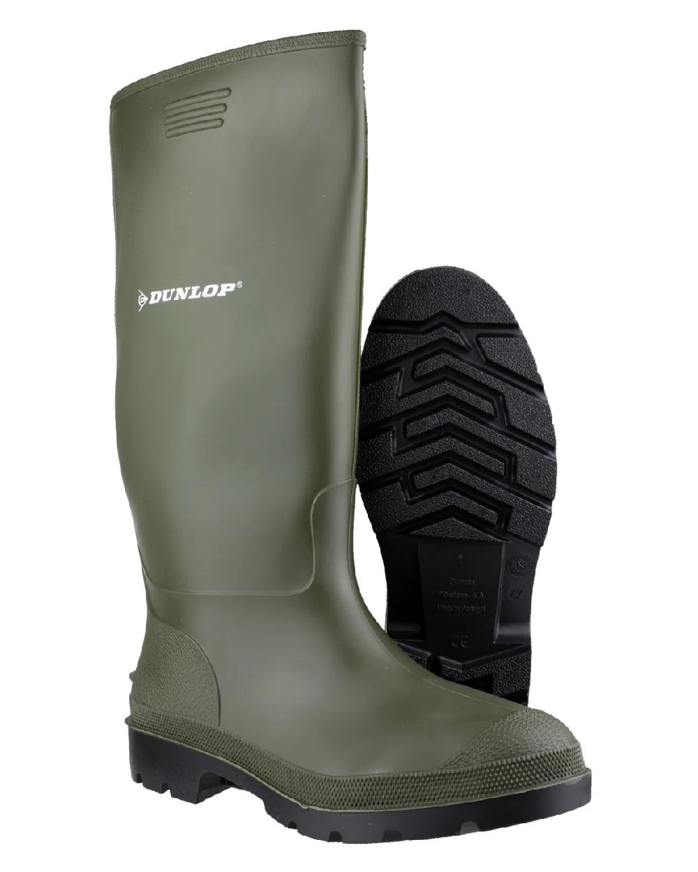 Green coloured Dunlop Pricemastor Wellingtons on white background 
