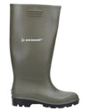 Green coloured Dunlop Pricemastor Wellingtons on white background #colour_green