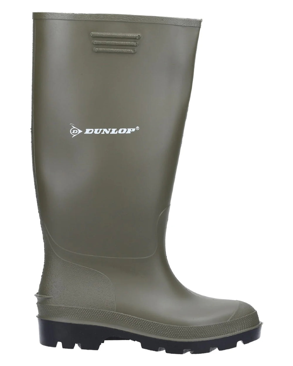 Green coloured Dunlop Pricemastor Wellingtons on white background 