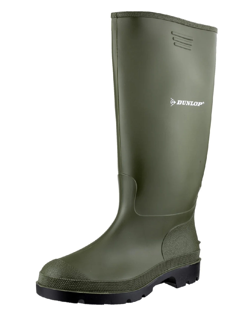 Green coloured Dunlop Pricemastor Wellingtons on white background 