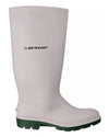 White/Green coloured Dunlop Pricemastor Wellingtons on blurry background #colour_white-green