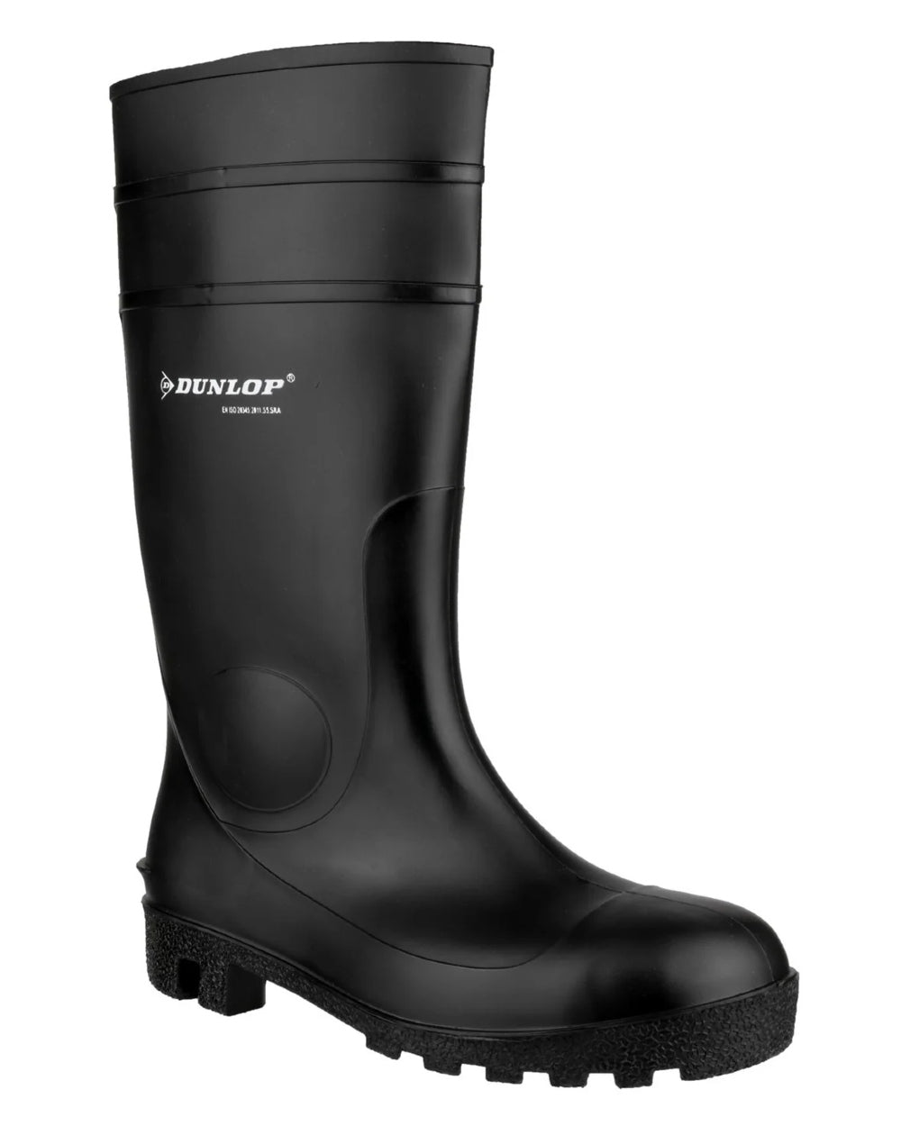 Black coloured Dunlop Protomastor Safety Wellingtons on white background 