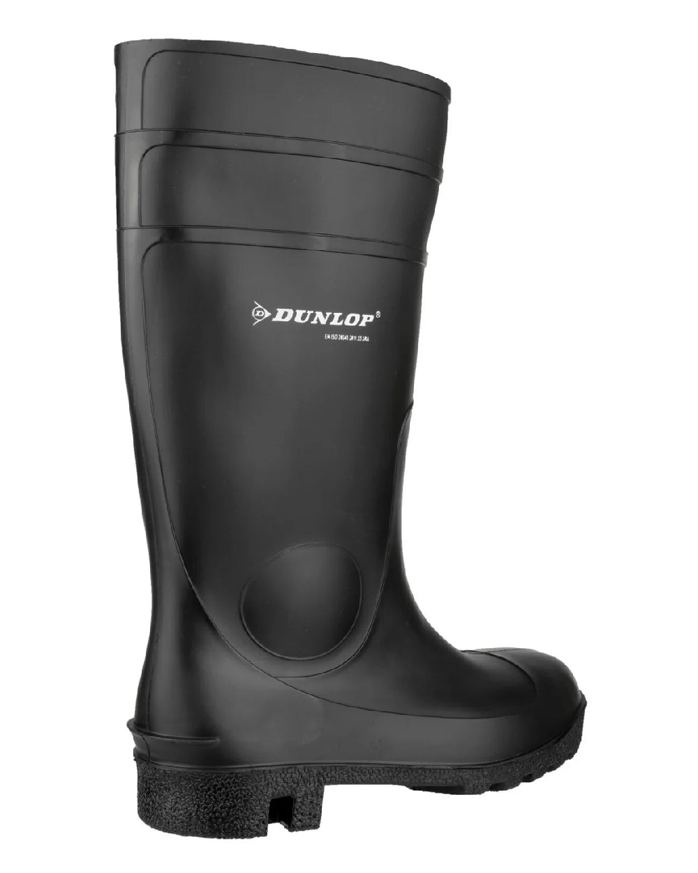 Black coloured Dunlop Protomastor Safety Wellingtons on white background 