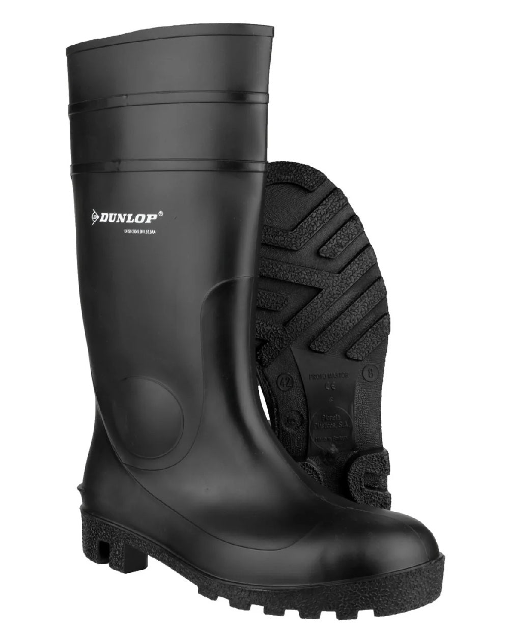 Black coloured Dunlop Protomastor Safety Wellingtons on white background 