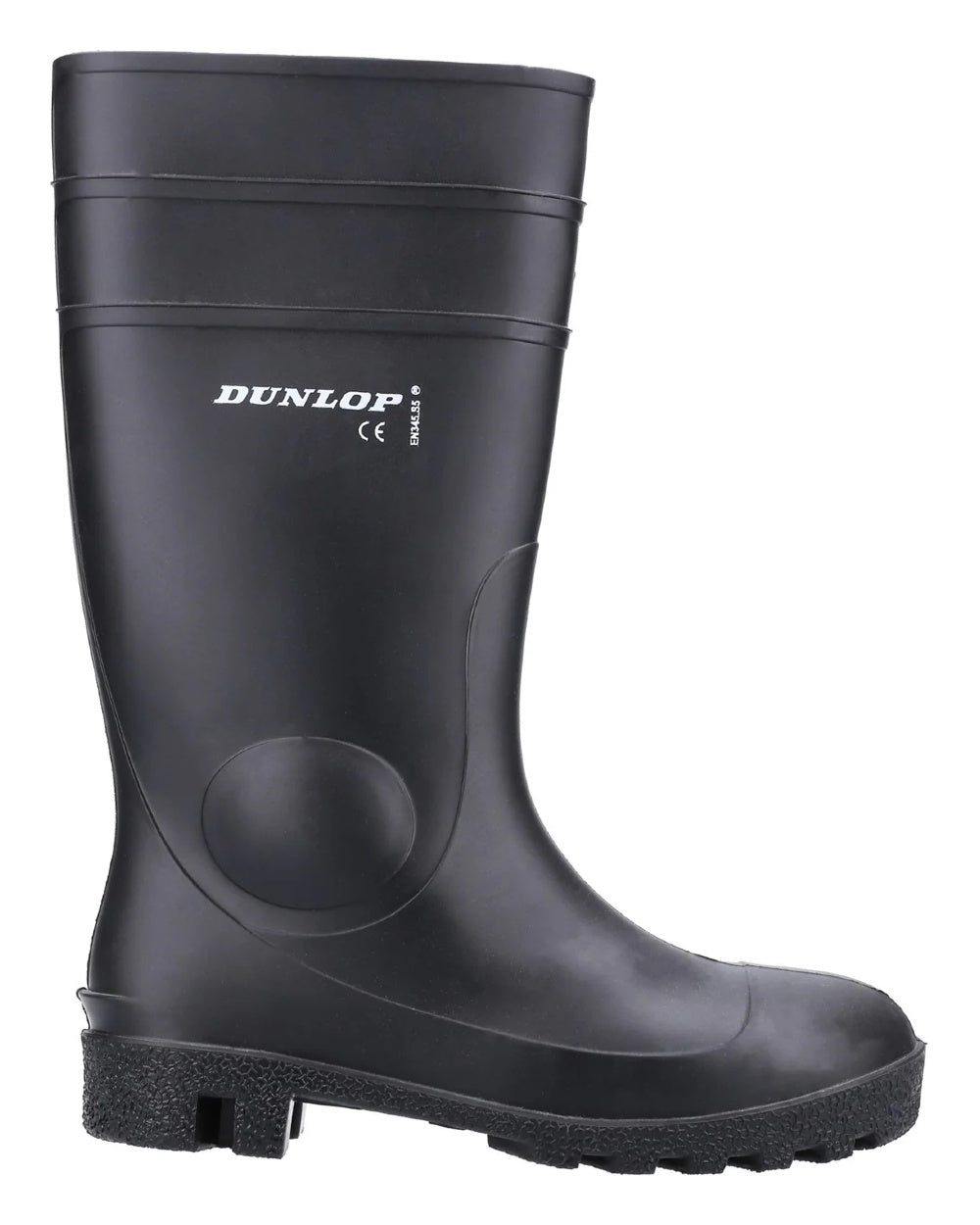 Black coloured Dunlop Protomastor Safety Wellingtons on white background 