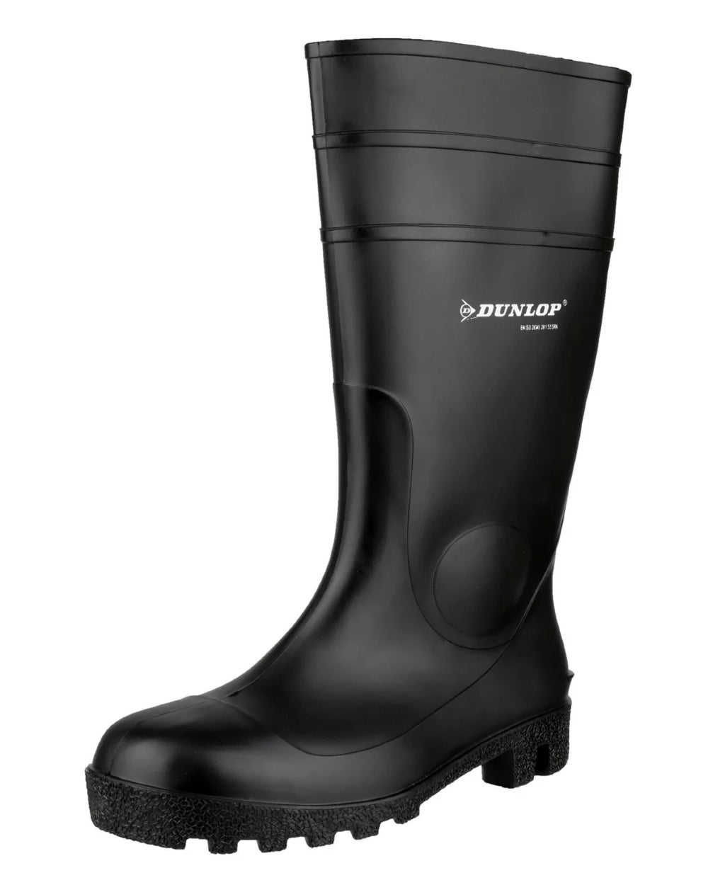 Black coloured Dunlop Protomastor Safety Wellingtons on white background 