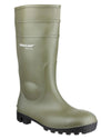 Green coloured Dunlop Protomastor Safety Wellingtons on white background #colour_green
