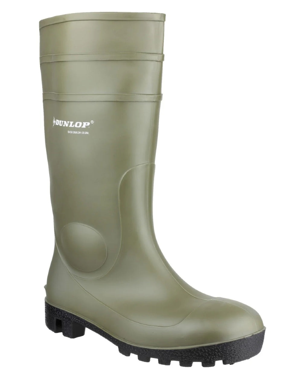 Green coloured Dunlop Protomastor Safety Wellingtons on white background 