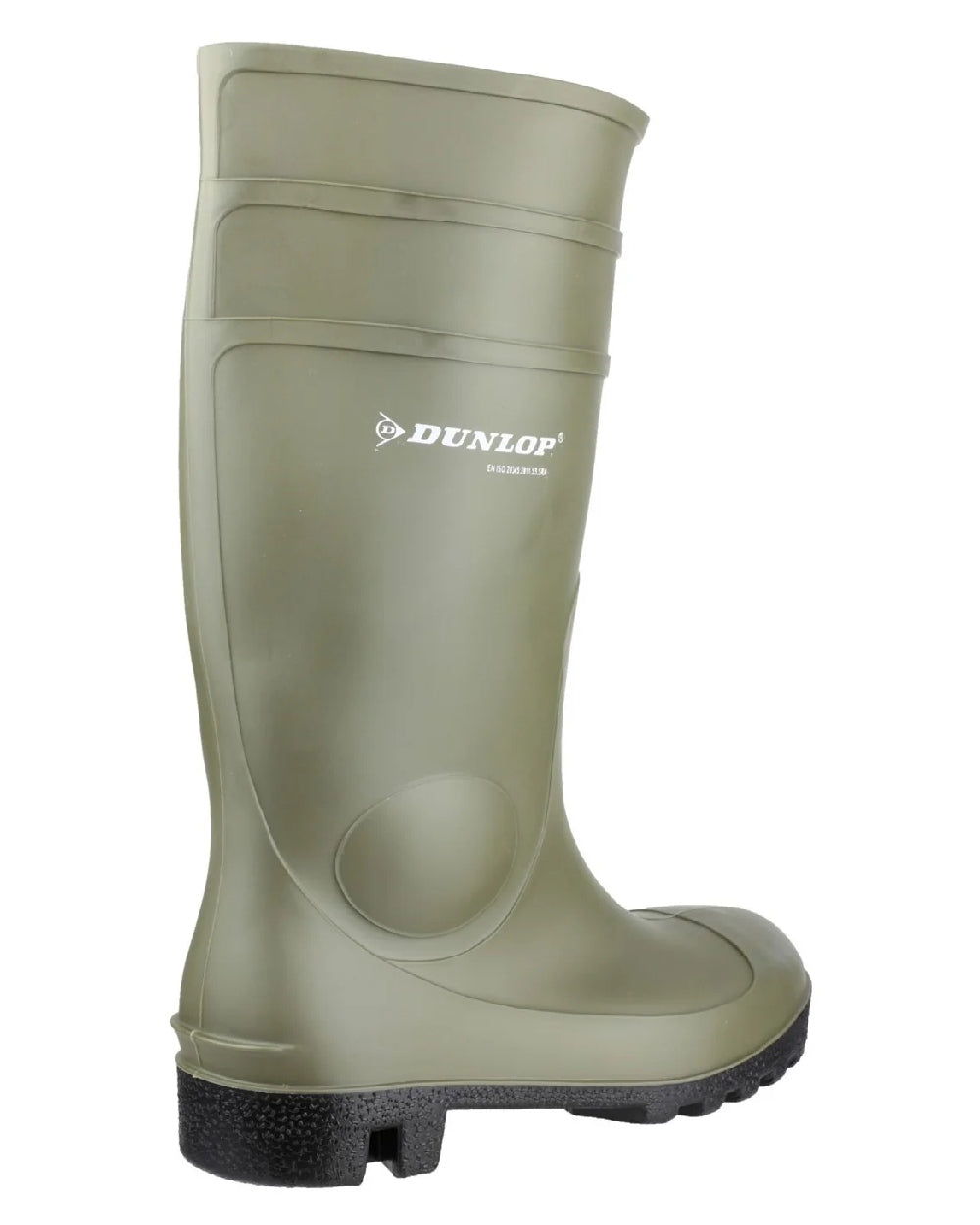 Green coloured Dunlop Protomastor Safety Wellingtons on white background 