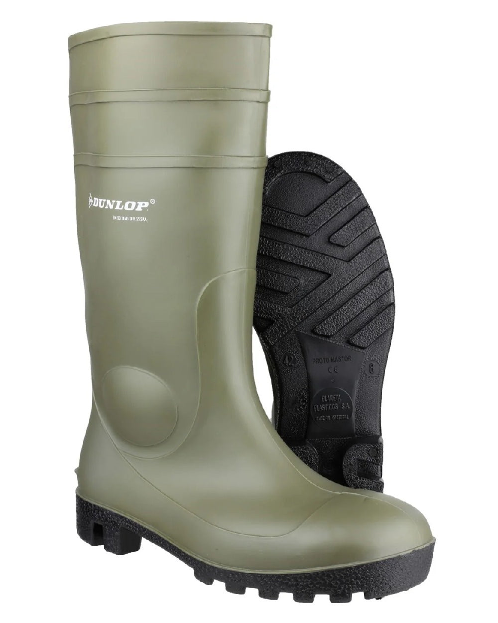 Green coloured Dunlop Protomastor Safety Wellingtons on white background 