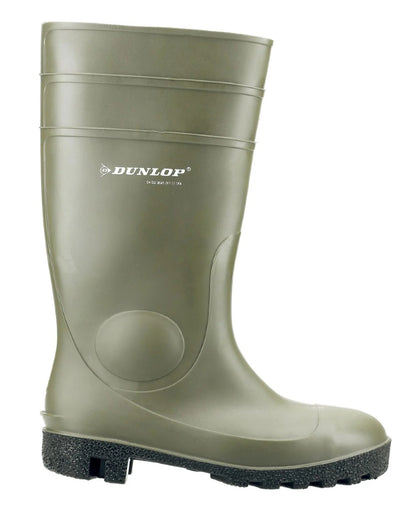 Green coloured Dunlop Protomastor Safety Wellingtons on white background 